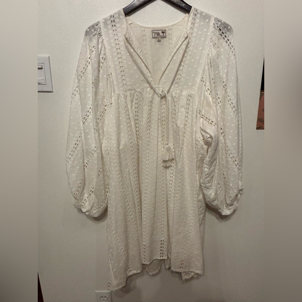 Mille Daisy Long Sleeve Eyelet Dress in Pearl/White with Tassel Tie